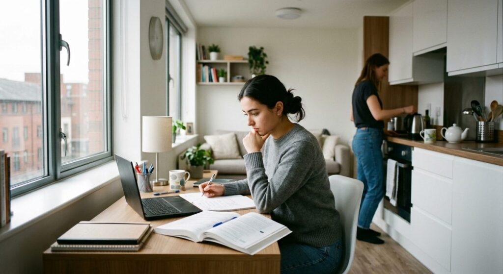 Post grad student in apartment with guest 