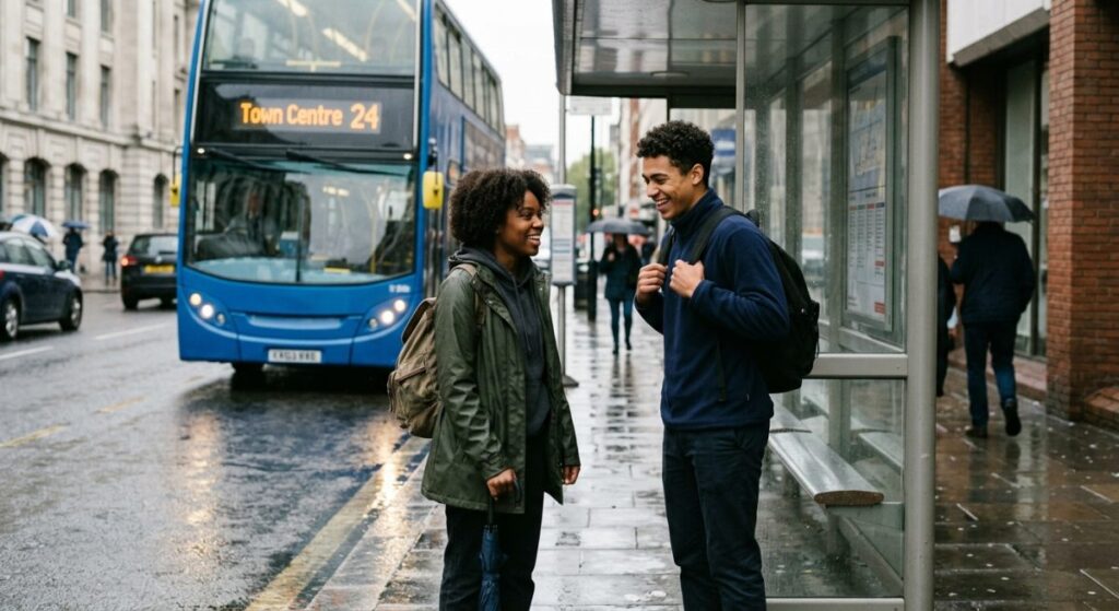 Warwick students at Coventry city centre bus stop